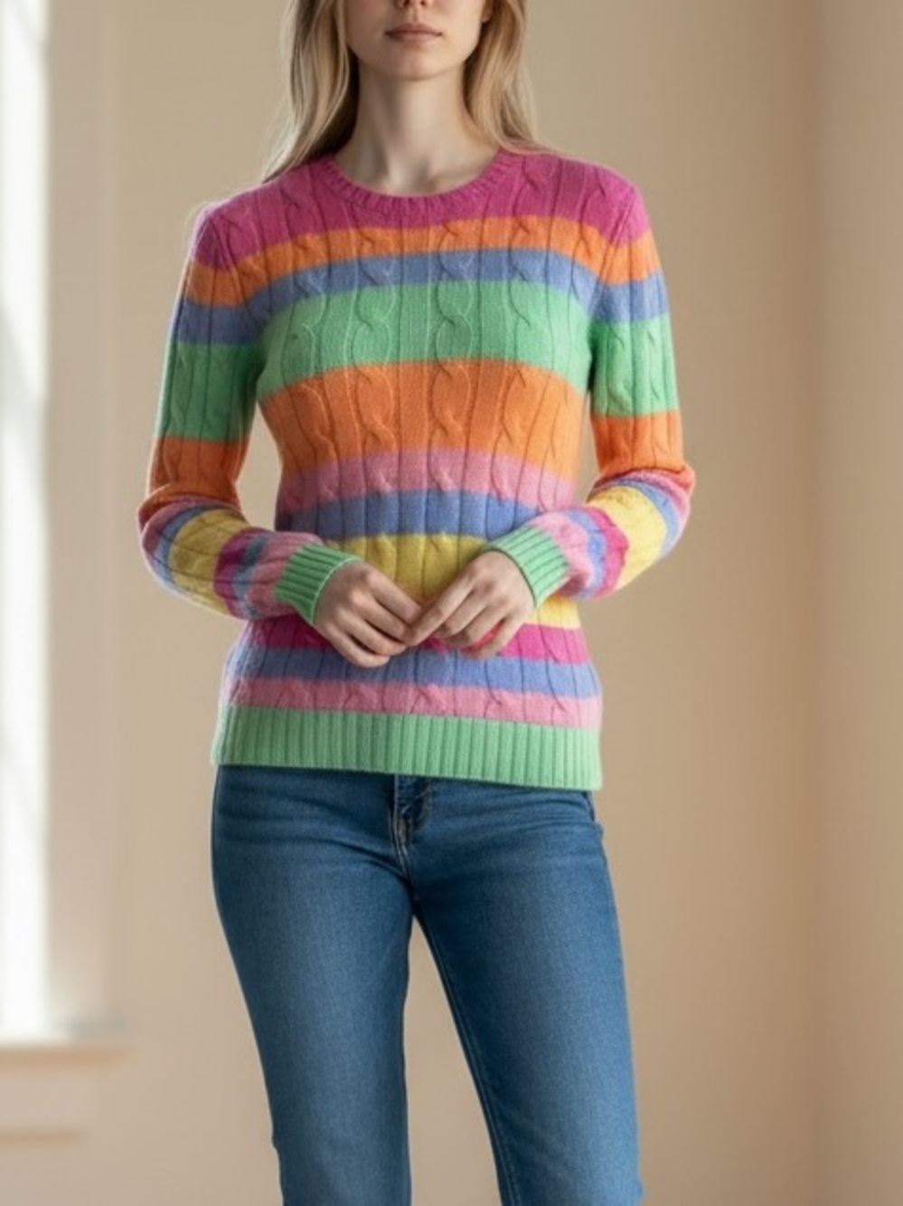 POLO RALPH LAUREN Sherbet Stripe Cashmere Cable Knit Sweater